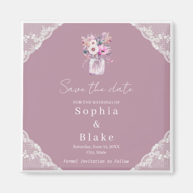 Country Lace Mason Jar Pink Save the Date Magnet (Front)