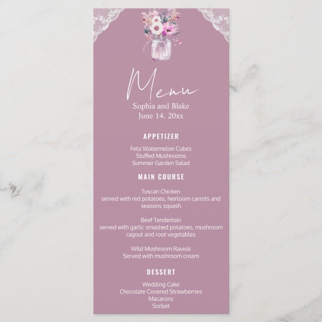 Country Lace Mason Jar Pink Wedding Menu (Front)