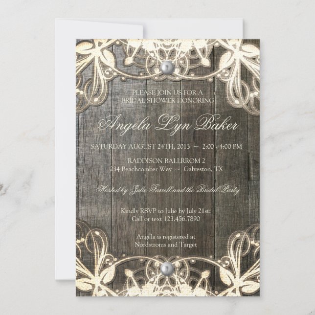 Country Lace Wood Rustic Bridal Shower Invite (Front)