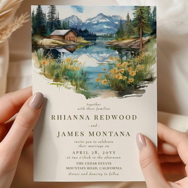 Country Lake and Barn Watercolor Wedding Invitation (Wedding Invitation from the Country Lake wedding collection by Darling & May)