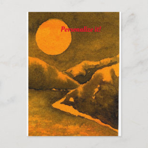 Country lake at night with hunters or harvest moon announcement postcard