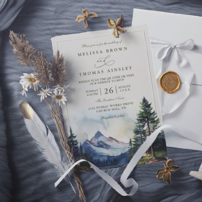 Country Lake Mountain Forest QR Code Wedding Invitation (Creator Uploaded)