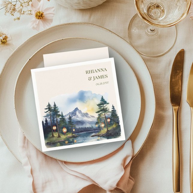 Country Lake Twilight Forest Mountain Wedding Napkin (Personalized napkins from the Country Lake wedding collection by Darling & May)
