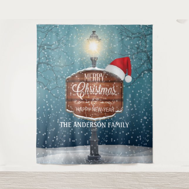 Country lamp post night light Christmas hat snow Tapestry (Front)
