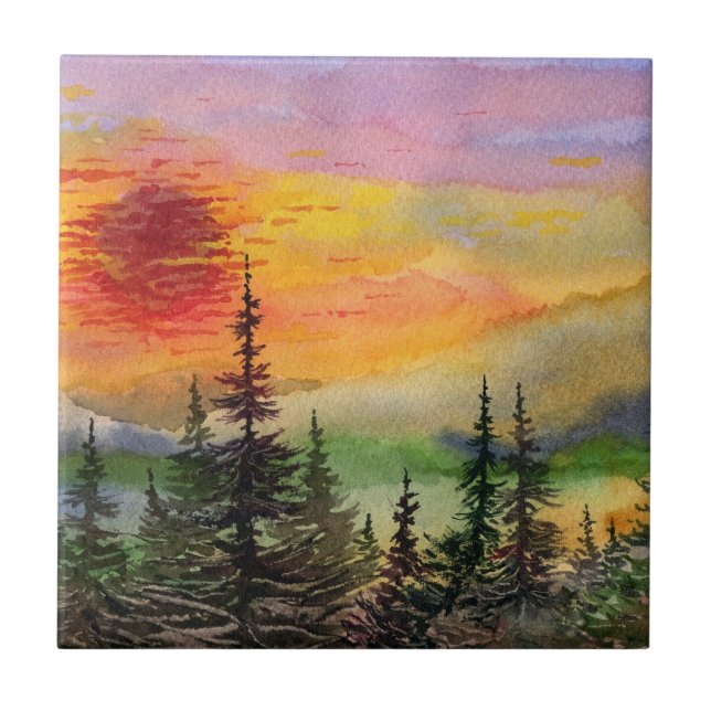 Country landscape misty setting sun ceramic tile. tile (Front)
