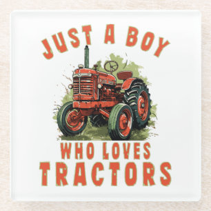 Country Life Boy who loves tractors Glass Coaster