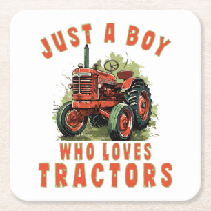 Country Life Boy who loves tractors Square Paper Coaster