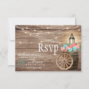Country Light Teal and Coral - Wood Barrel RSVP Card