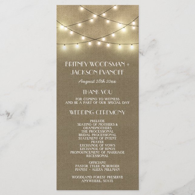 Country Lights + Rustic Burlap Wedding Programs Programme (Front)