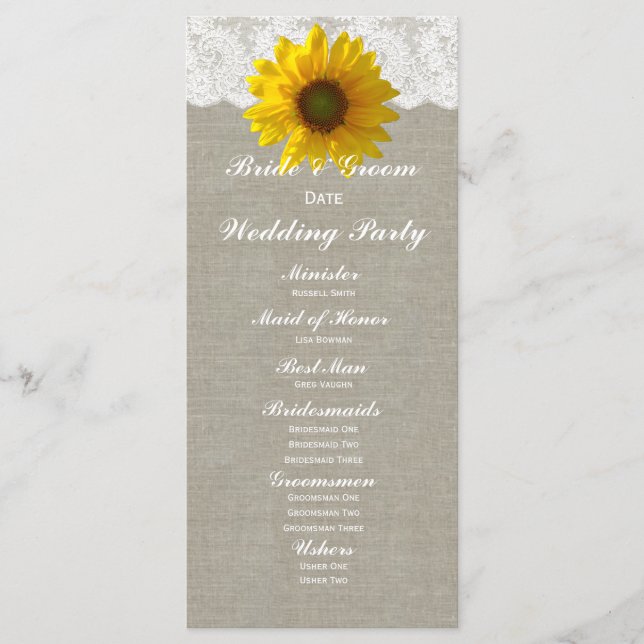 Country Linen Sunflower Lace Wedding Program Programme (Front)