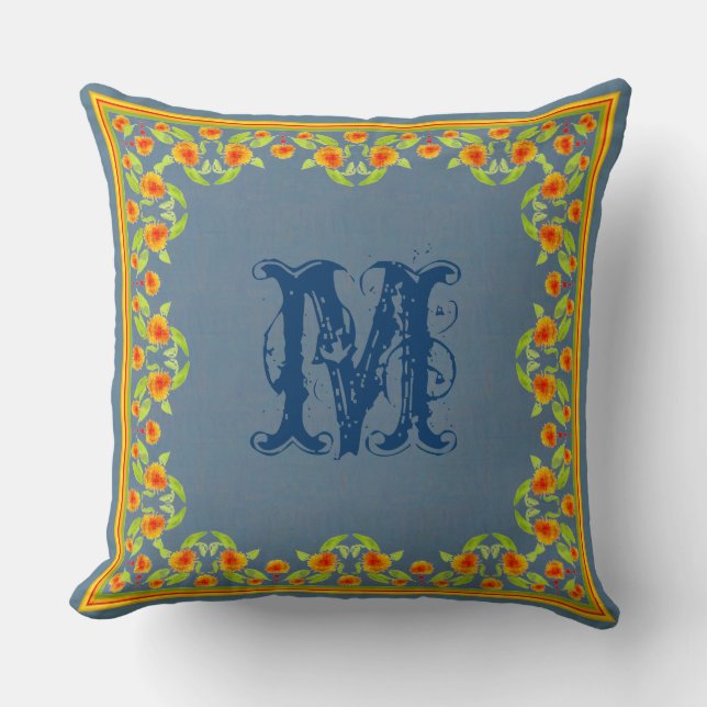 Country Marigolds Border Monogram Pillow, Cushion (Front)