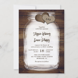 Country Mason Jar Burlap Hearts Barn Wood Wedding Invitation