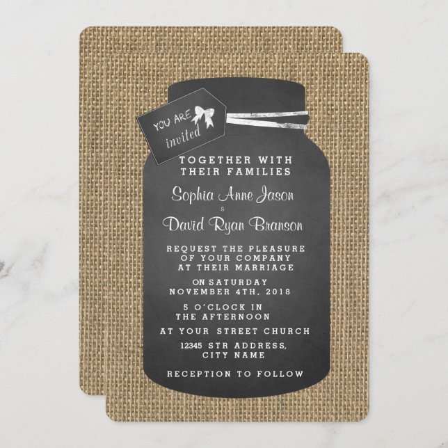 Country Mason Jar Burlap Wedding Invitations (Front/Back)