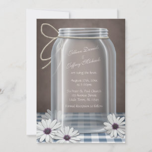Country Mason Jar Daisy Blue Brown Wedding Invitation