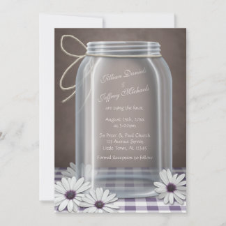 Country Mason Jar Daisy Purple Brown Wedding Invitation