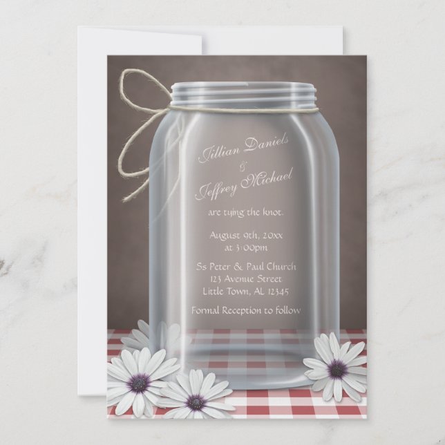 Country Mason Jar Daisy Red Gingham Wedding Invitation (Front)
