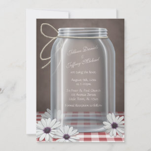 Country Mason Jar Daisy Red Gingham Wedding Invitation