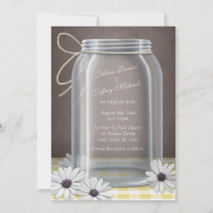 Country Mason Jar Daisy Yellow Brown Wedding Invitation