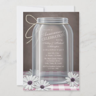 Country Mason Jar Pink Gingham Anniversary Invitation