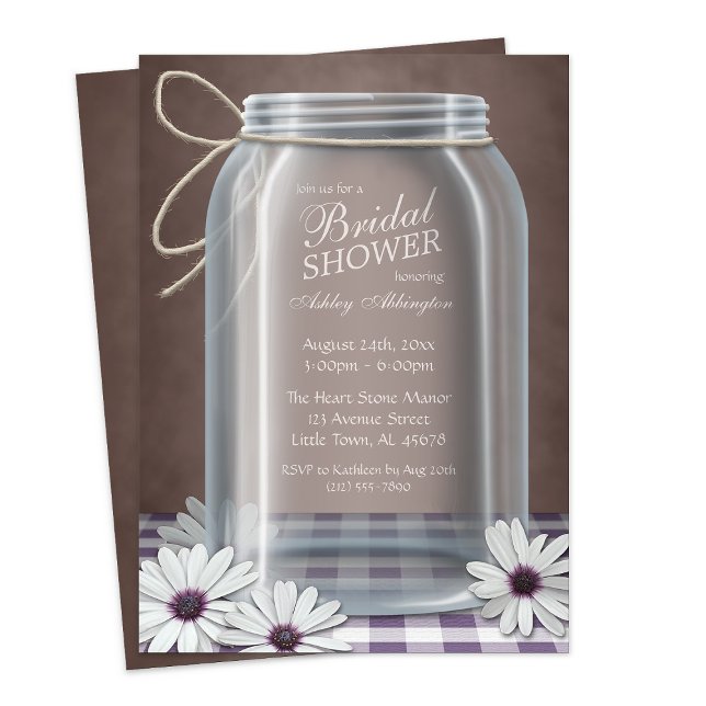 Country Mason Jar Purple Gingham Bridal Shower Invitation (Country Mason Jar Purple Gingham Bridal Shower Invitation from Starzraven. Downloadable evite, too.)