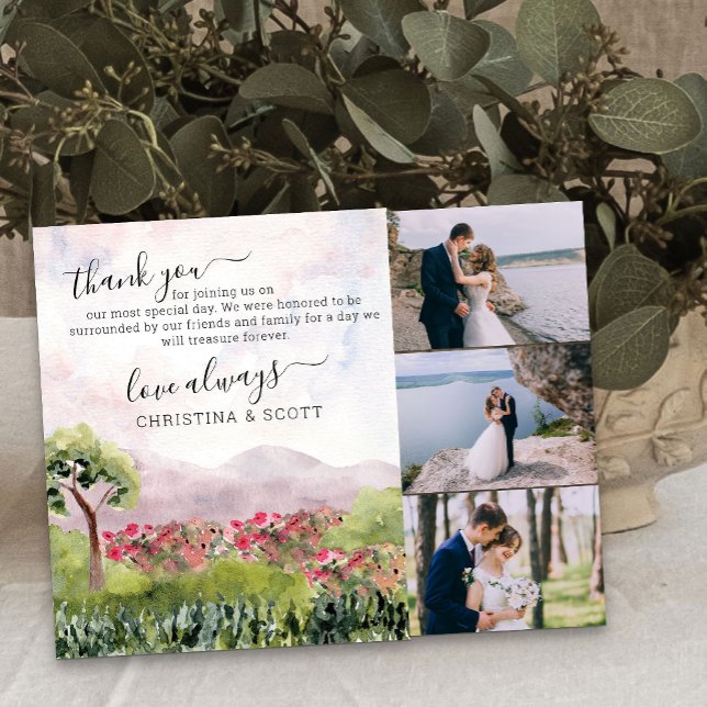 Country Meadow Wedding Watercolor Thank You Card (Wedding photo thank you cards from the Country Meadow collection)