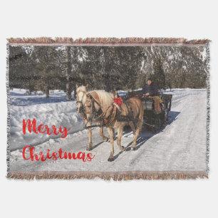 Country Merry Christmas Horses Sled Rustic Snow Throw Blanket