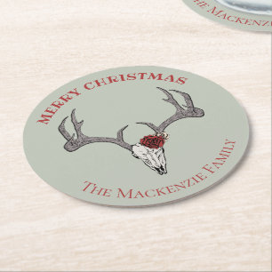 Country Merry Xmas Deer Reindeer Skull Antlers Round Paper Coaster