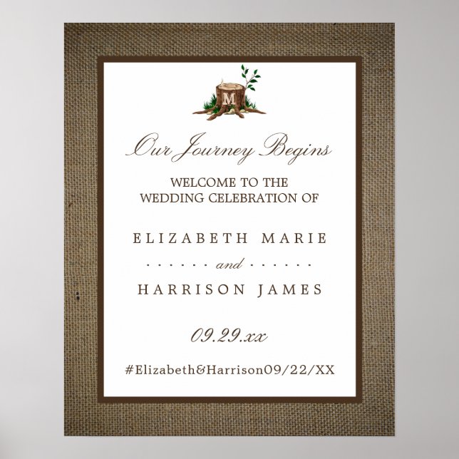 Country Monogram Tree Burlap Wedding Welcome Poster (Front)