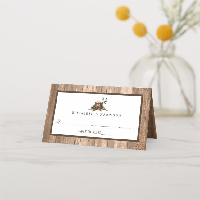 Country Monogram Tree & Wood Wedding Place Card (Front)