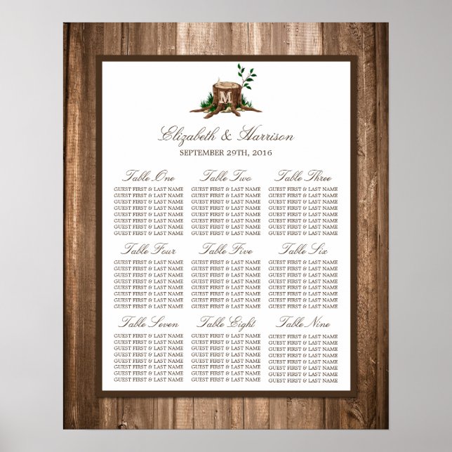 Country Monogram Tree & Wood Wedding Seating Chart (Front)