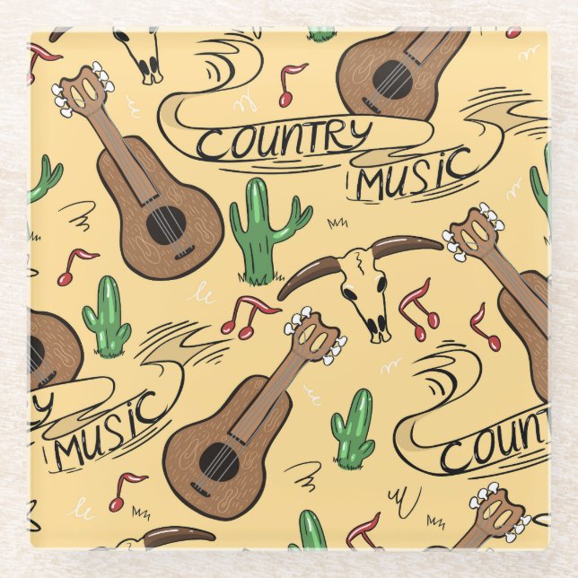 Country Music Guitar Cactus Pattern Glass Coaster (Front)