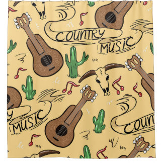Country Music Guitar Cactus Pattern Shower Curtain