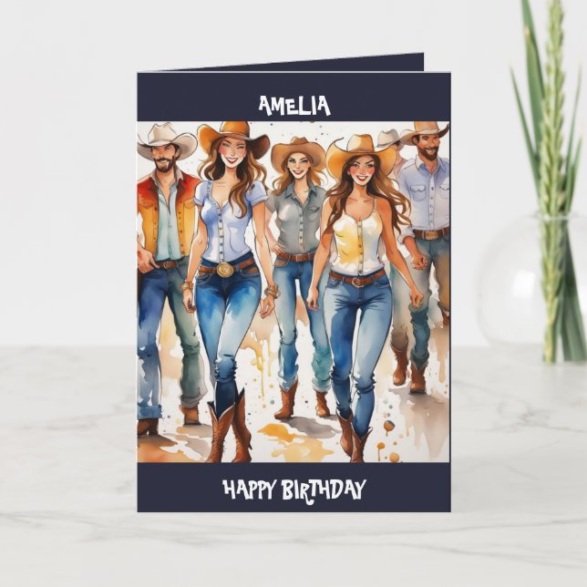 Country Music Line Dancing, editable Birthday Card (Front)