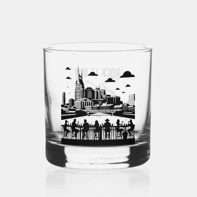 Country Music Nashville Skyline Rooftop  Whiskey Glass (Front)