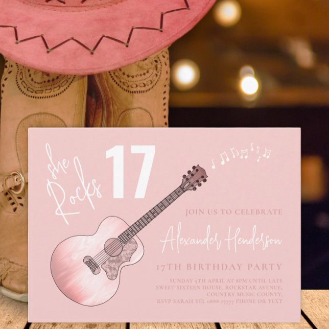 Country Music Pink Guitar 17th Birthday Party Invitation (Cool country music pink guitar 16th birthday party invitation )