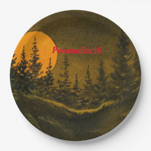 Country night landscape; hunter's or harvest moon paper plate