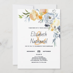 Country orange blue white botanic floral wedding  invitation
