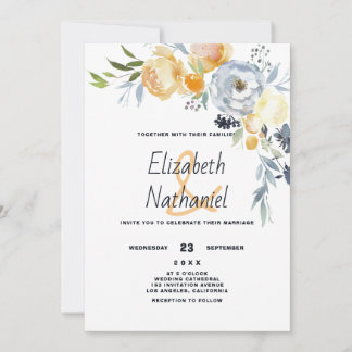 Country orange blue white botanic floral wedding invitation