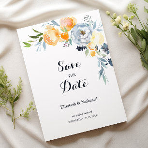 Country orange blue white floral Save the Date  Invitation