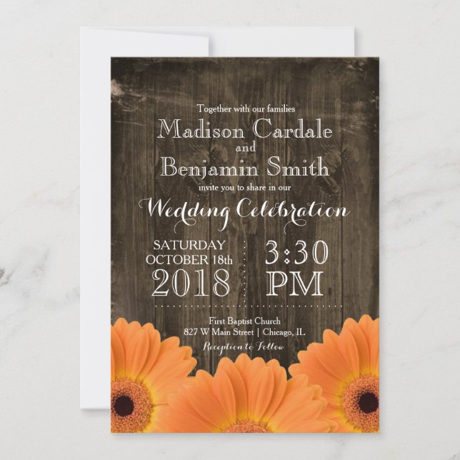 Country Orange Daisies Rustic Wood Wedding Invites (Front)