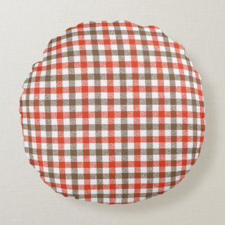 Country Picnic Red and White Gingham with Brown Ac Round Cushion