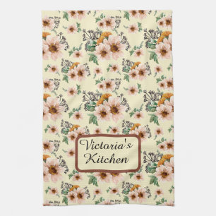 Country Pink and Rust Floral Watercolor   Tea Towel