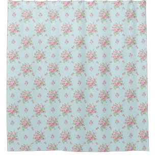 Country Pink Flowers on Blue Shower Curtain