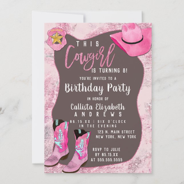 Country Pink Glitter Cowgirl Children's Birthday Invitation (Front)