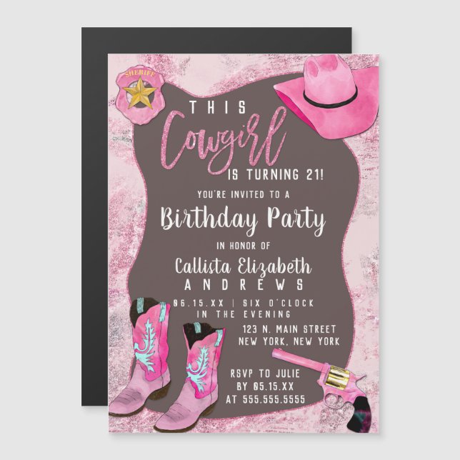 Country Pink Glitter Cowgirl Watercolor Birthday Magnetic Invitation (Front/Back)