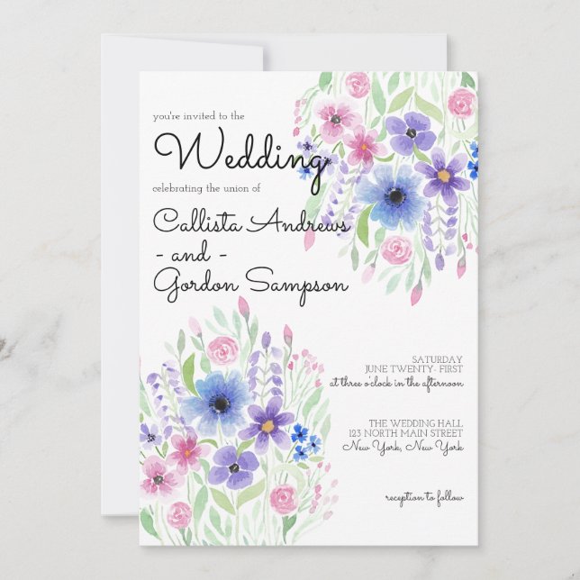 Country Pink Purple Blue Floral Watercolor Wedding Invitation (Front)