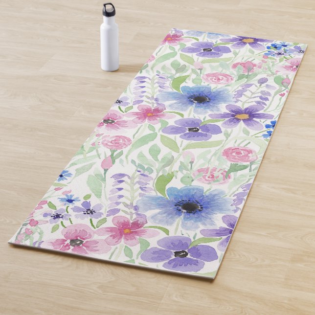 Country Pink Purple Watercolor Flowers Yoga Mat (In Situ)