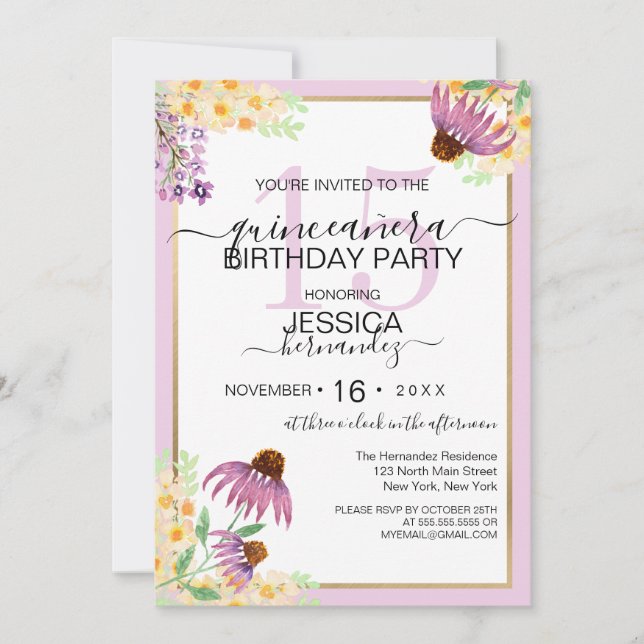 Country Pink Purple Yellow Wild Flower Quinceañera Invitation (Front)
