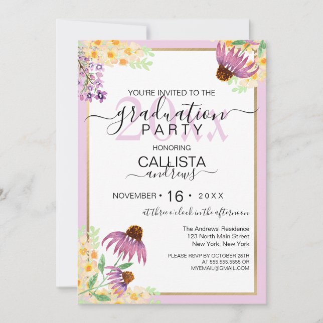 Country Pink Purple Yellow Wild Flowers Graduation Invitation (Front)