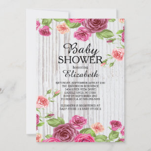 Country Pink Roses Wood Baby Shower Invitation